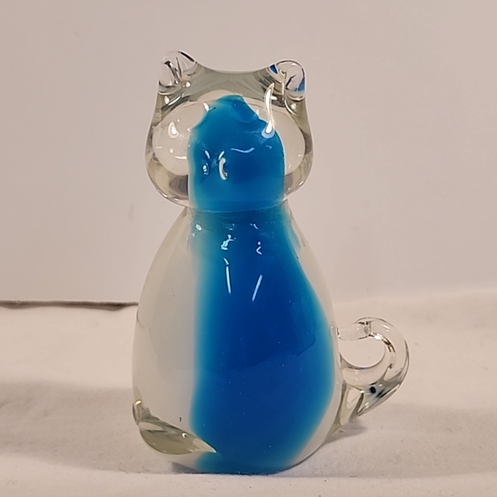 Art Glass Cat Paperweight Figurine Blue White Clear Glass 4" Kitten